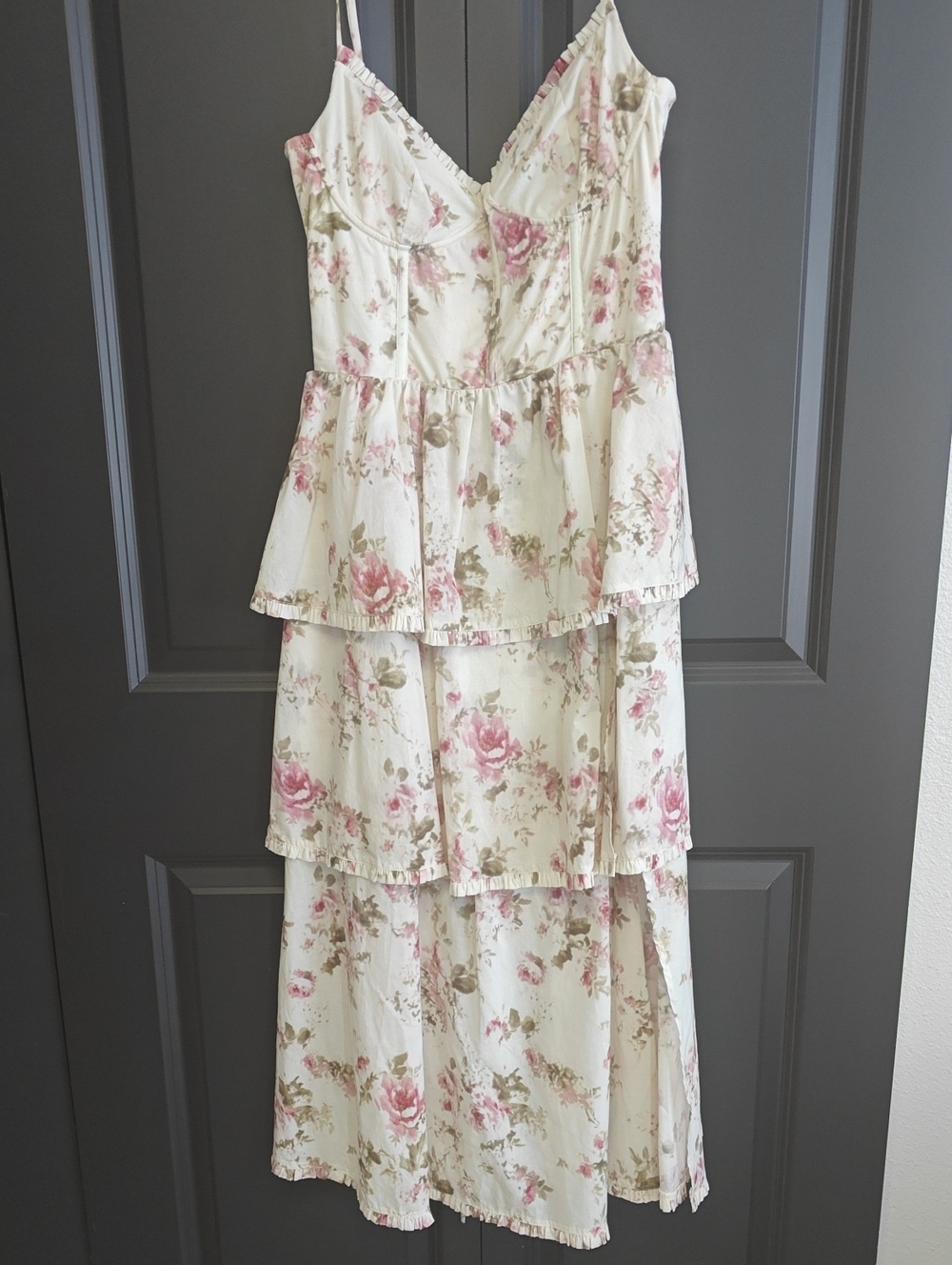V. Chapman Cream Tiered Midi Dress with Pink Rose Print